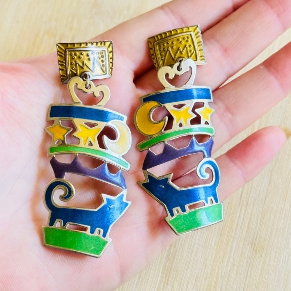 VTG Edgar Berebi Wolf Earrings Whimsical Southwest Dangle Enamel Pierced Signed